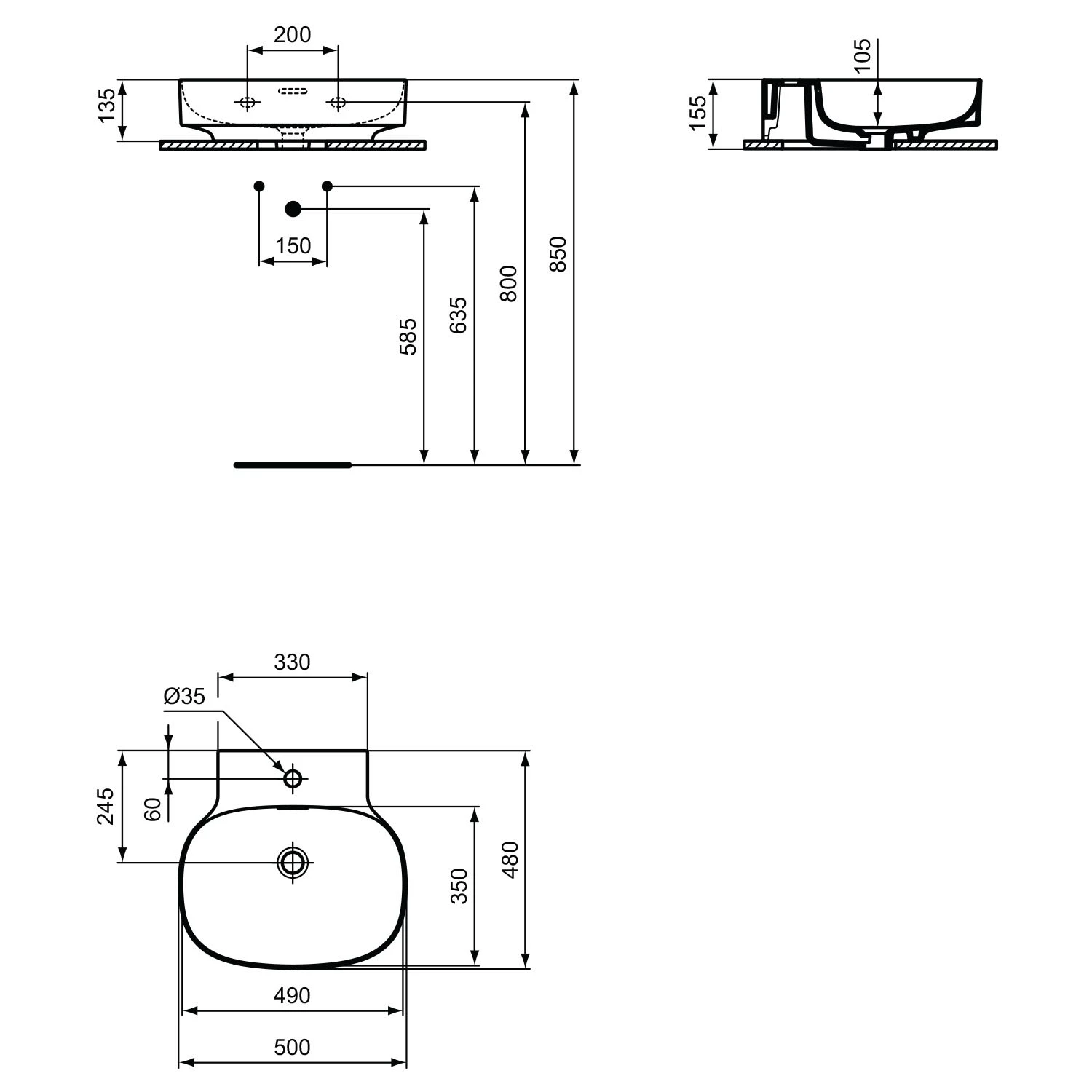 Ideal Standard Linda-X Waschtisch 50 Cm, 1 Hahnloch, Mit Überlauf, Geschliffen 3 Ideal Standard Linda-X Waschtisch 50 Cm, 1 Hahnloch, Mit Überlauf, Geschliffen – Bild 3