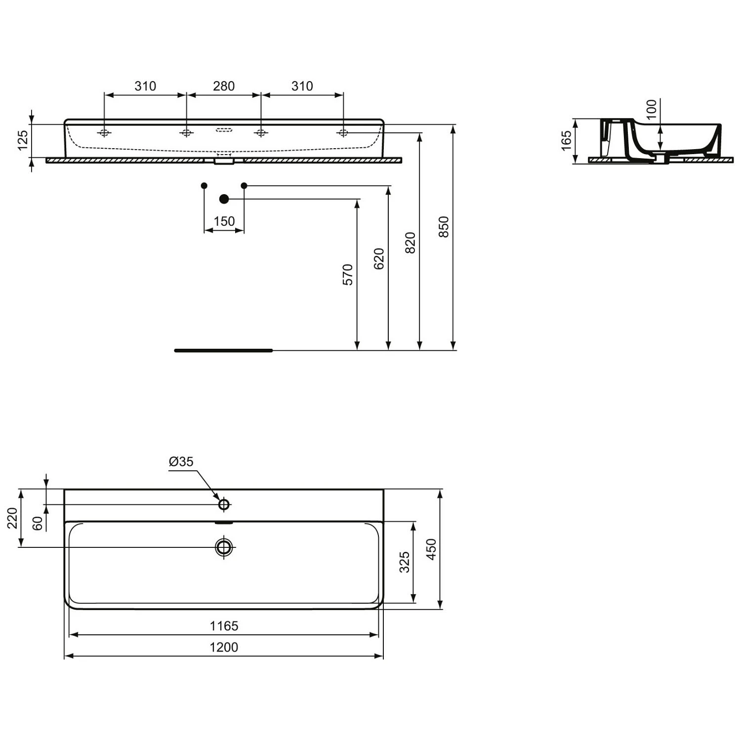 Ideal Standard Conca Waschtisch 120 Cm, 1 Hahnloch, Mit Überlauf 4 Ideal Standard Conca Waschtisch 120 Cm, 1 Hahnloch, Mit Überlauf – Bild 4